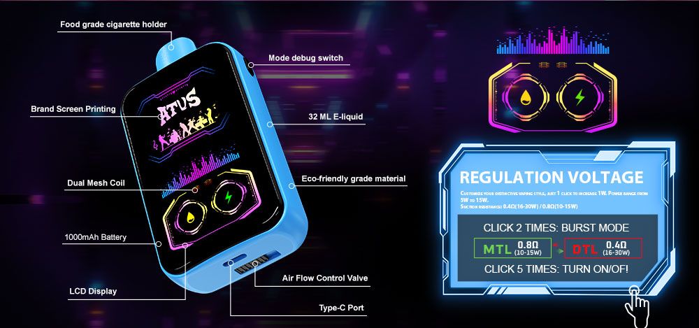 DE022 Sigaretta Elettronica Usa E Getta Puff 35000 Tiri con schermo intero ricaricabile e flusso d'aria regolabile ATVS Vape
