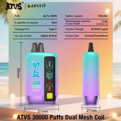 DE026 30000 Puffs Vape monouso con schermo LED e flusso d'aria regolabile ATVS Vape