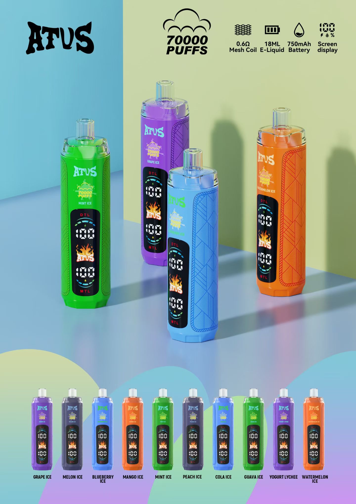 DE035 Sigaretta Elettronica Usa E Getta Puff 70000 Tiri con display LED ricaricabile e flusso d'aria regolabile MTL DTL ATVS Vape