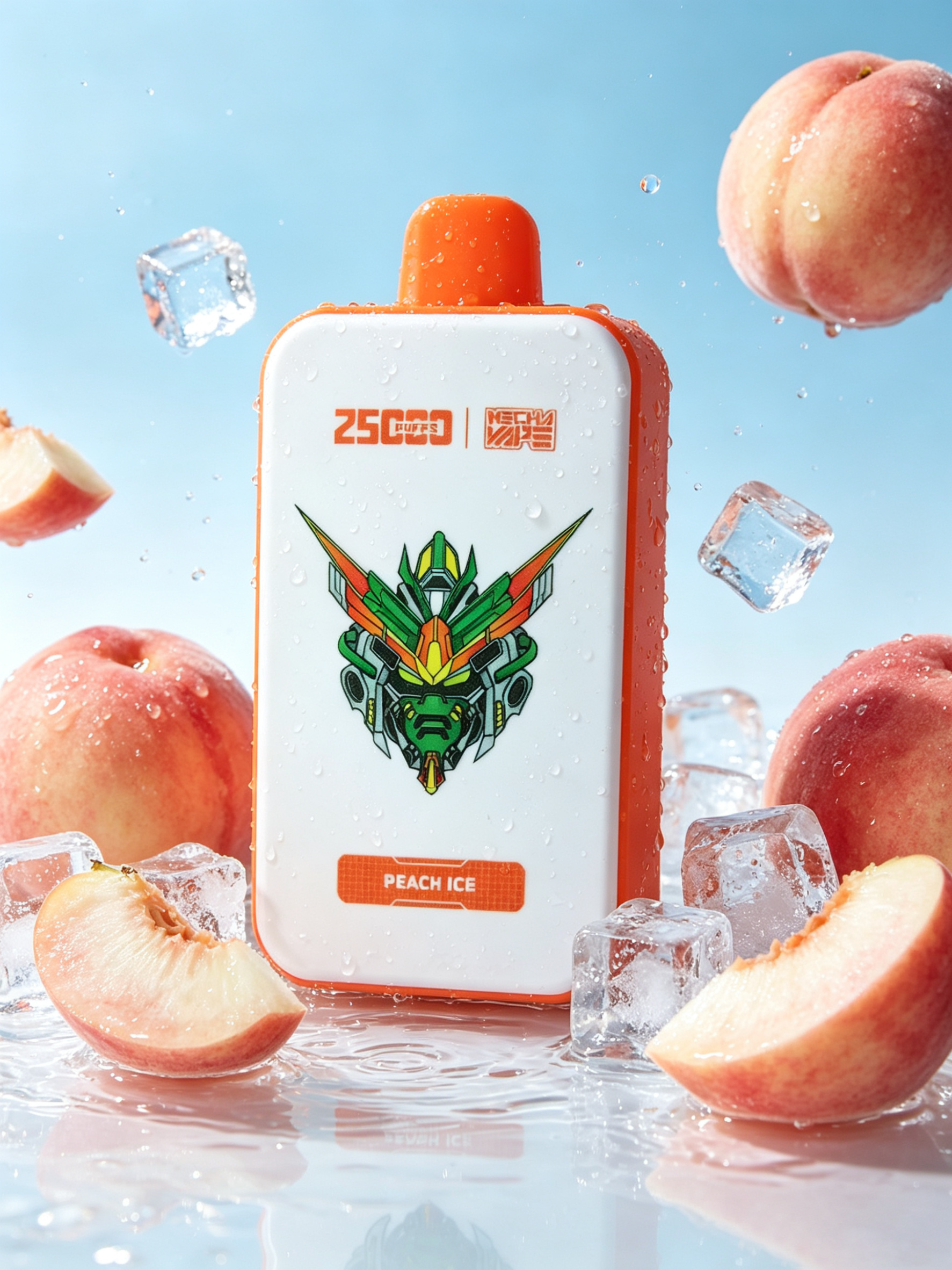 Vaporizzatore usa e getta Peach Ice ad alto volume con pesche fresche e cubetti di ghiaccio.